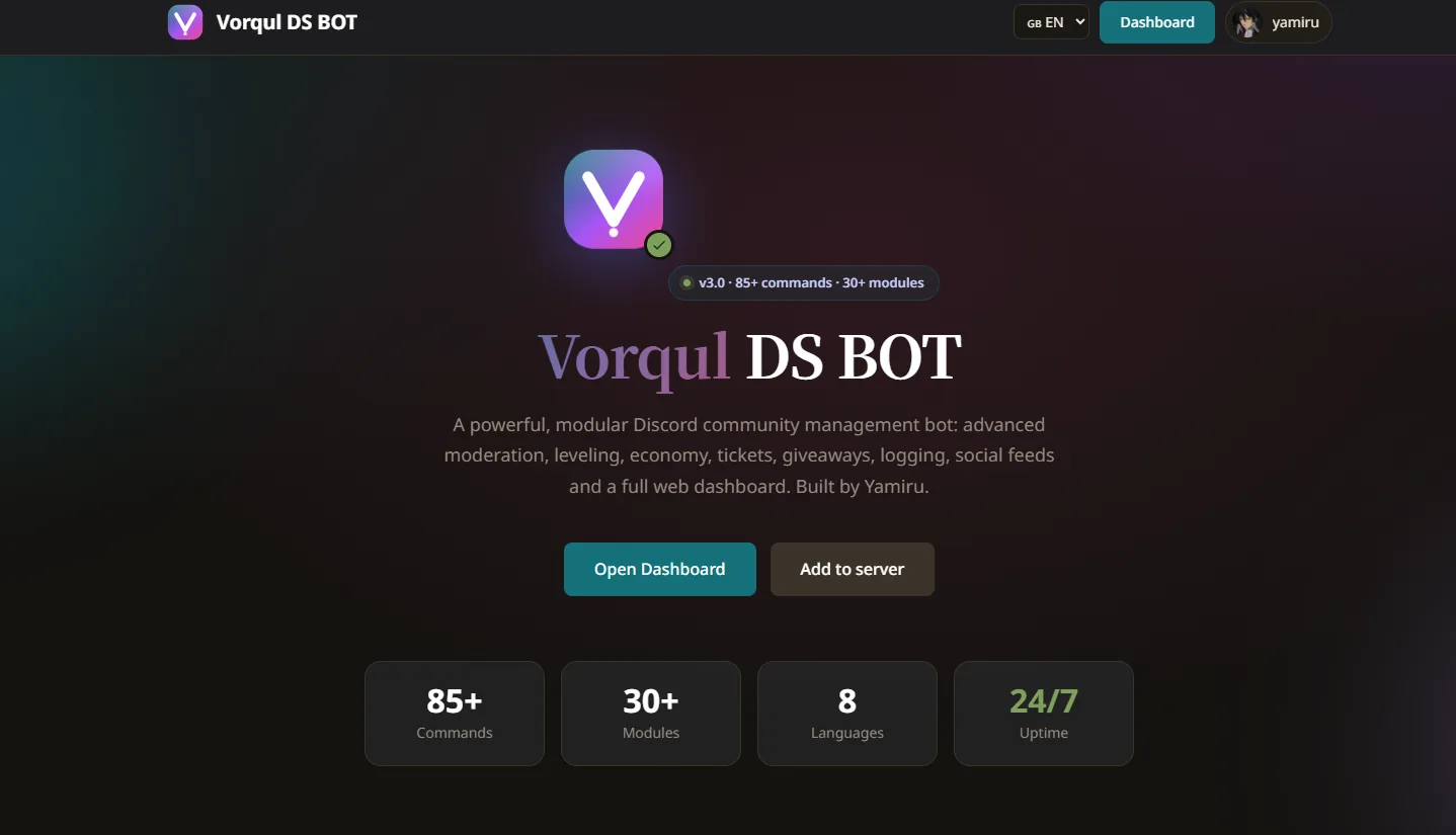 The bot landing page: version, command and module count, and the way into the dashboard.
