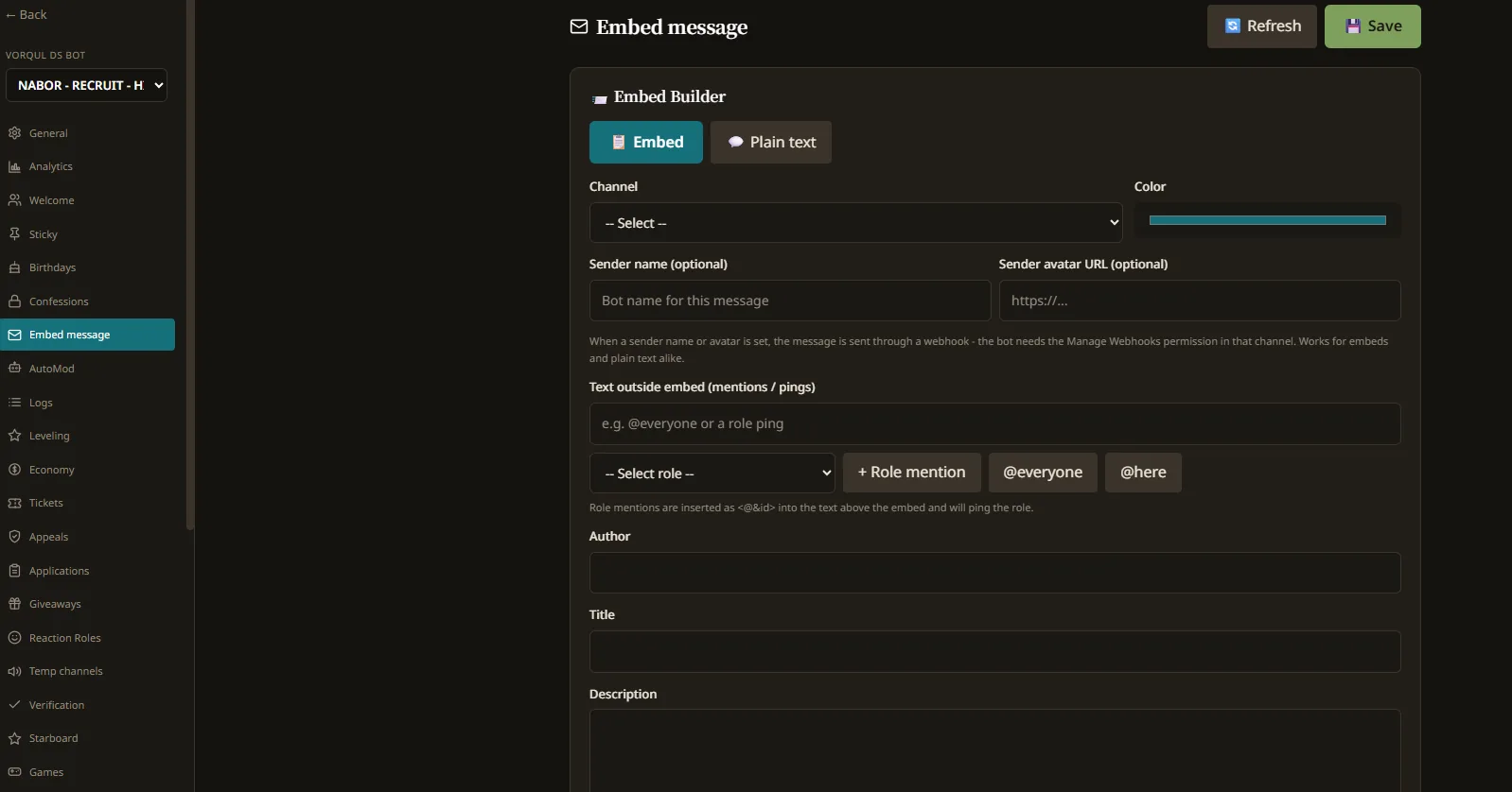 The embed builder in the dashboard, with the module list for the selected server down the left side.